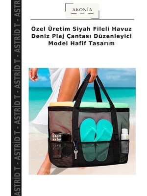 Özel Üretim Siyah Fileli Havuz Deniz Plaj Çantası Düzenleyici Model Hafif Tasarım