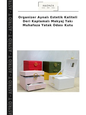 Organizer Aynalı Estetik Kaliteli Deri Kaplamalı Makyaj Takı Muhafaza Yatak Odası Kutu
