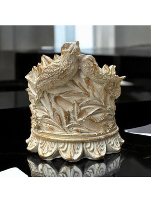 Tr Peramari Dekoratif Polyester Kuşlu Şamdan Mumluk Krem Eskitme 11X11X10 cm Krem 11 x 11