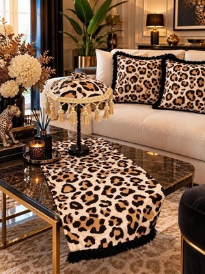 Tr Leopard Luxury Desenli Dekoratif Masa Üstü Lambası Bali Şemsiyesi Seti – Şemsiye + Runner