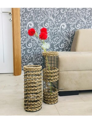 Tr Asenya Hasır Örgü Vazo 2 Li Set 30 cm ve 40 cm Çiçeklik Yapay Çiçek Vazosu Dekoratif Saks�