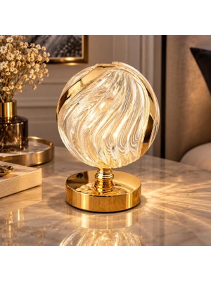 Tr Kristal Küre Tasarımlı LED Masa Lambası, Altın Rengi Taban