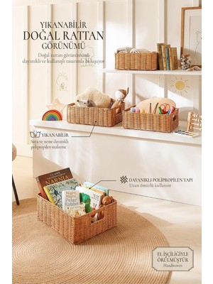 Tr 4'lü Çocuk Odası Yıkanabilir Bej Pp Rattan Sepet Set 30 x 20 x 11/33 x 23 x 11/36 x 26 x 12/3