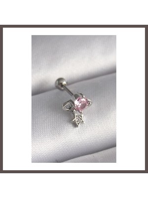Bezos 316L Çelik Gümüş Renk Pembe Zirkon Taşlı Sallantı Yıldız Detay Tragus Piercing ECO123