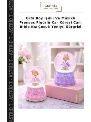 Orta Boy Işıklı ve Müzikli Prenses Figürlü Kar Küresi Cam Biblo Kız Çocuk Yeniyıl Sürprizi