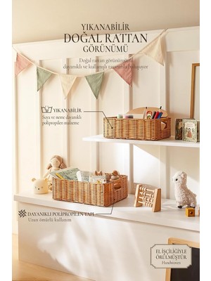 Tr 2'li Çocuk Odası Yıkanabilir Bej Pp Rattan Sepet Set 33 x 23 x 11/39 x 29 x 13 cm