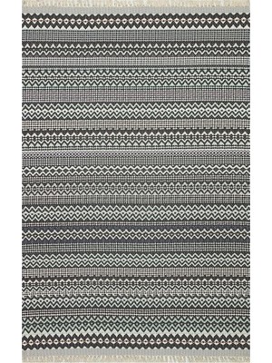 Tr Cotton 3209 Alr Siyah Beyaz Etnik Saçaklı Kilim, 77 x 150