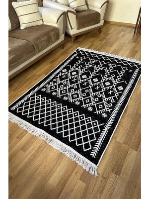 Tr Pamuk Dokuma Yumuşak Çift Taraflı Yıkanabilir Saçaklı Salon Mutfak Yolluk Kilim Siyah4 120