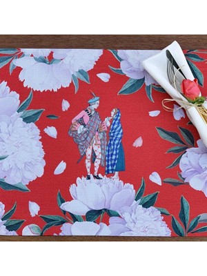 Tr Red - White Rose Kumaş Amerikan Servis 4'lü Set - (Keten Kumaş Ulusl. Yıkama ve Solmama Serti
