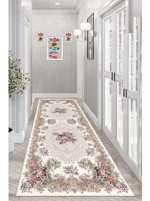 Tr Pelangi Gül Desenli Dijital Baskı Yıkanabilir Modern Salon Halı ve Yolluk, Bej 100 x 500, 955