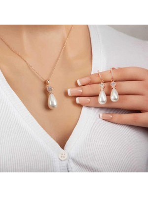 Tr 925 Ayar Gümüş Rose Damla Inci Kadın Set