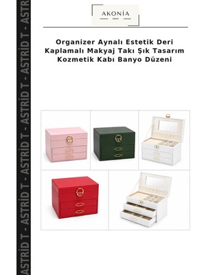 Organizer Aynalı Estetik Deri Kaplamalı Makyaj Takı Şık Tasarım Kozmetik Kabı Banyo Düzeni