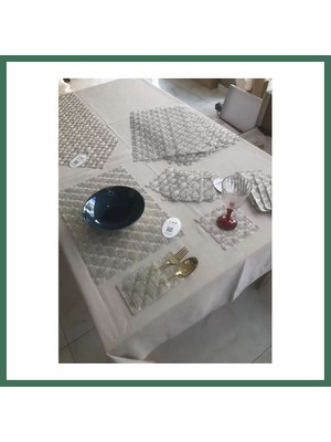 Bezos Sofra Takımı Orion Gardenya Keten Yemek Takımı 160X260 Masa Seti 26 Parça Runner Set Platin Bss