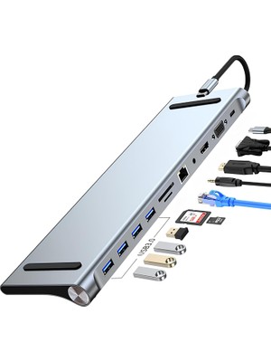 TeknoKapsül Coverzone 11 In 1 Type-C Hub ve Notebook Altı Stand, 4K UHD Ekran Aktarımı, Pd 87W Şarj, USB 3.0, RJ45, Vga, Sd/tf Kart Okuyucu, X-LEVEL-4111