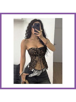 Bezos Kadın Leopar Desenli Crop Önden Büzgü Detaylı 5096 · Beden: L/xl · Renk: Sarı Bzoshb