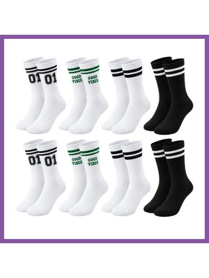 Bezos Unisex Çorap Çizgili 8'li Set 07 Good Vibes Yazılı Siyah Beyaz Uzun Soket Spor Kolej Stil Çorap Bzoshb
