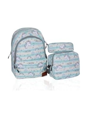 Pratik Ev Üçlü Okul Çanta Seti, Unicorn Yeşil, Unisex