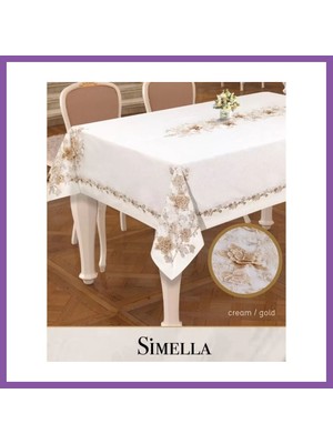 Bezos Simella Model Krem-God Detay 160X300 cm Keten Masa Örtüsü Modern Tasarım Bzoshb
