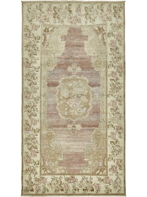 Bespoky Bej Çiçekli Klasik Salon Halısı El Dokuma Eskitme Vintage Dokuma Halı Göbekli