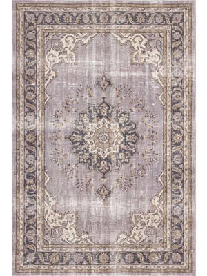 Rugzella Soluk Lila Gri Krem Vintage Eskitme Soyut Desenli Altın Salon Yıkanabilir Halı