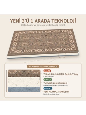 Rugzella Zeytin Yeşili Taupe Klasik Çiçek Desenli Bordürlü Kaymaz Taban Yıkanabilir Halı