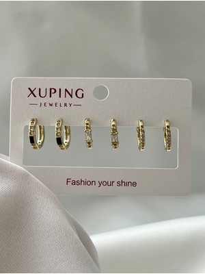 Yeknova Xuping 14K Altın Rengi Taşlı 3 Çift (6ADET) Kararmaz Kadın Halka Küpe (Kıkırdak + Lobe Kombini)