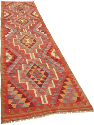 Hali.Net Turuncu Kahverengi Dokuma Kilim Geometrik Baklava Desenli Etnik Stil Koridor Kilimi
