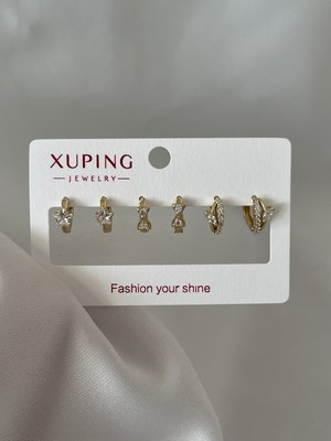 Yeknova Xuping 14K Altın Rengi Taşlı 3 Çift (6ADET) Kararmaz Kadın Halka Küpe (Kıkırdak + Lobe Kombini)