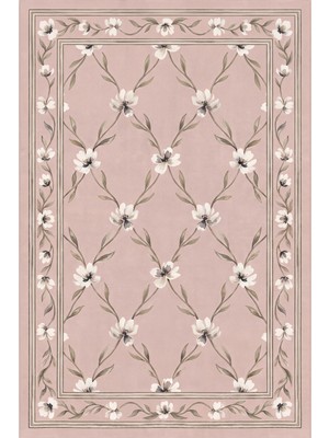 Rugzella Pudra Pembe Zeminde Krem Çiçekli Yayılan Floral Desen Yeşil Salon Yıkanabilir Halı
