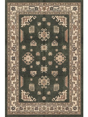 Rugzella Chatterton Koyu Haki Krem Boho Tribal Motifli Bölmeli Desen Bohem Yıkanabilir Halı