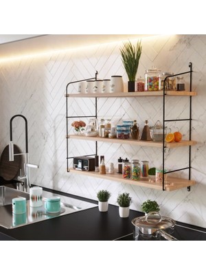 Bino Masif Doğal Ahşap 3 Katlı Büyük Boy Duvar Rafı Kitaplık 60 cm Derinlik Modern Tasarım