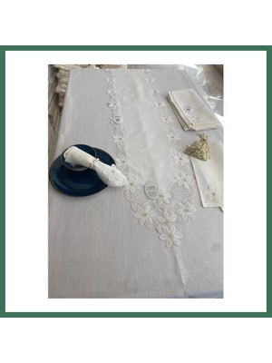 Bezos Sofra Takımı Evita Gardenya Keten Yemek Takımı 160X260 Masa Seti 26 Parça Runner Set Krem Bss