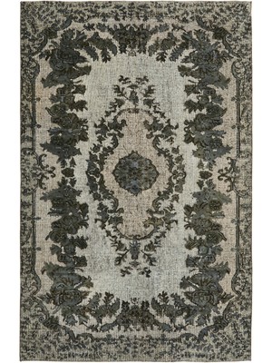 Bespoky Gri Halı Çiçekli Klasik Stil Salon Halısı El Dokuma Antrasit Detaylı Eskitme Vintage