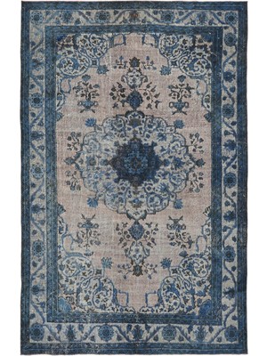 Bespoky Mavi Halı Klasik Madalyon Desenli El Dokuma Salon Halısı Vintage Eskitme Stil