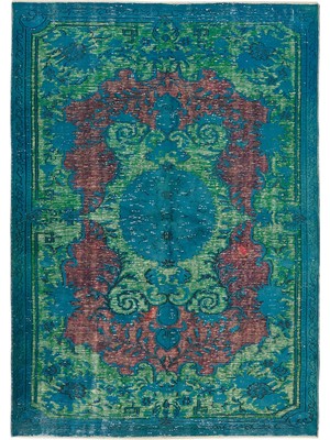 Bespoky Yeşil Turkuaz Klasik Madalyon Desenli El Dokuma Salon Halısı Eskitme Vintage
