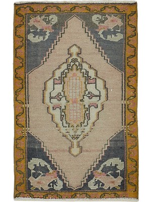 Hali.Net Bej Antrasit Geometrik Desenli El Dokuma Salon Halısı Eskitme Vintage Stil
