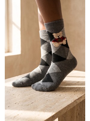 Bony Socks Unisex Ekoseli Teddy Yün Soket Çorap Gri