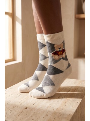 Bony Socks Unisex Ekoseli Teddy Yün Soket Çorap Ekru