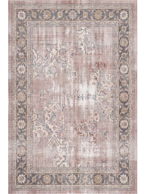 Rugzella Pudra Gri Kırık Beyaz Vintage Patchwork Yama Desenli Eskitme Yıkanabilir Halı