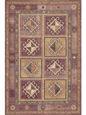 Rugzella Mürdüm Okra Krem Boho Tribal Motifli Bölmeli Desen Geometrik Yıkanabilir Halı