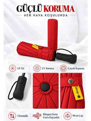 bliss umbrella Ergonomik Saplı 10 Telli Otomatik Şemsiye Kırmızı