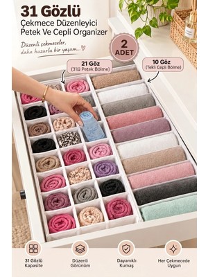 Morport Lüks 2 Adet 31 Gözlü Çekmece Düzenleyici Petek ve Cepli Organizer (40×32×12)