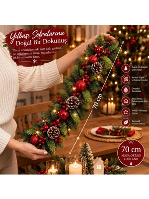 Ecrella 70 cm Premium Yılbaşı Çam Dalı Garland – Kırmızı Yılbaşı Topları, Kokina ve Kozalak Süslemeli Masa Dekoru