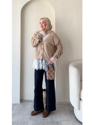 RFK Butik Dantel Detaylı V Yaka Tesettür Triko Hırka - Taş