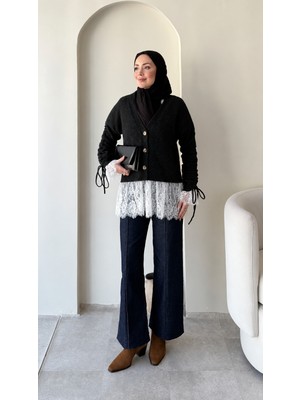 RFK Butik Dantel Detaylı V Yaka Tesettür Triko Hırka - Siyah