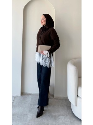 RFK Butik Dantel Detaylı V Yaka Tesettür Triko Hırka - Kahverengi