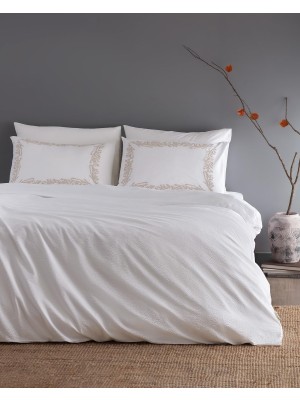 Odea Linda King SIZE%100 Pamuk Nakışlı Yıkamalı Gofre Çarşaflı Nevresim Takımı - Beyaz/bej