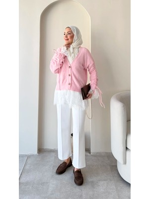 RFK Butik Dantel Detaylı V Yaka Tesettür Triko Hırka - Pembe