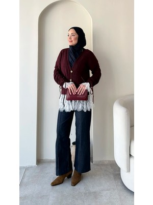 RFK Butik Dantel Detaylı V Yaka Tesettür Triko Hırka - Bordo