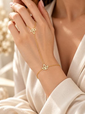 Takı Ustası 925 Ayar Gümüş Çift Lotus Çiçeği Şahmeran Zarif Yaprak Motifli Minimalist El Zinciri Bileklik